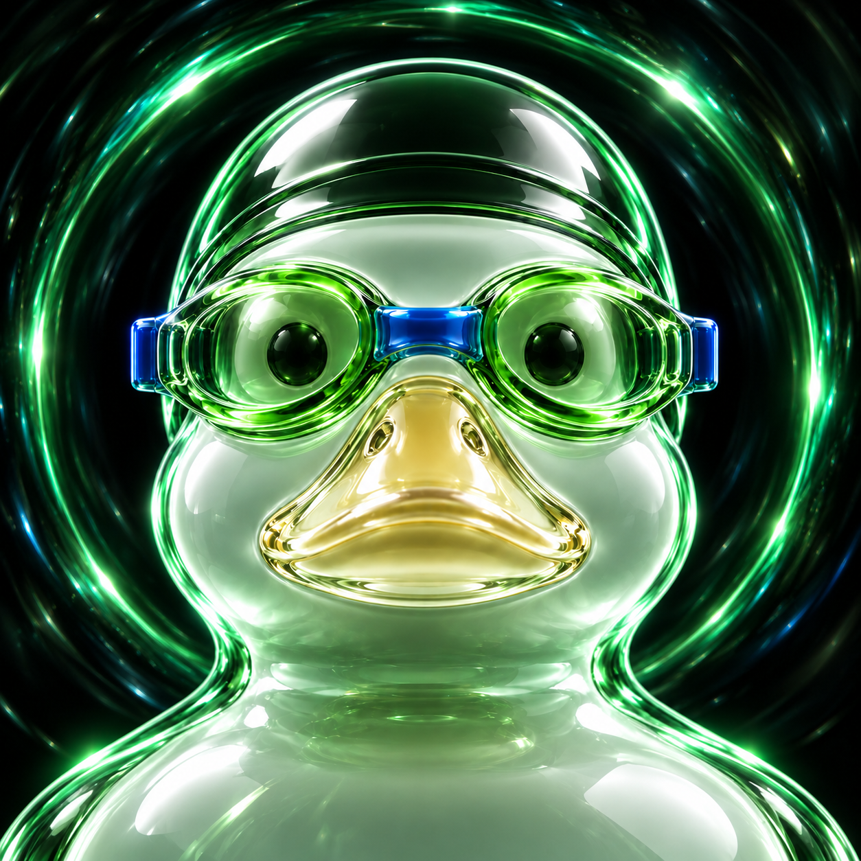 Ponsduck wearing green swim goggles